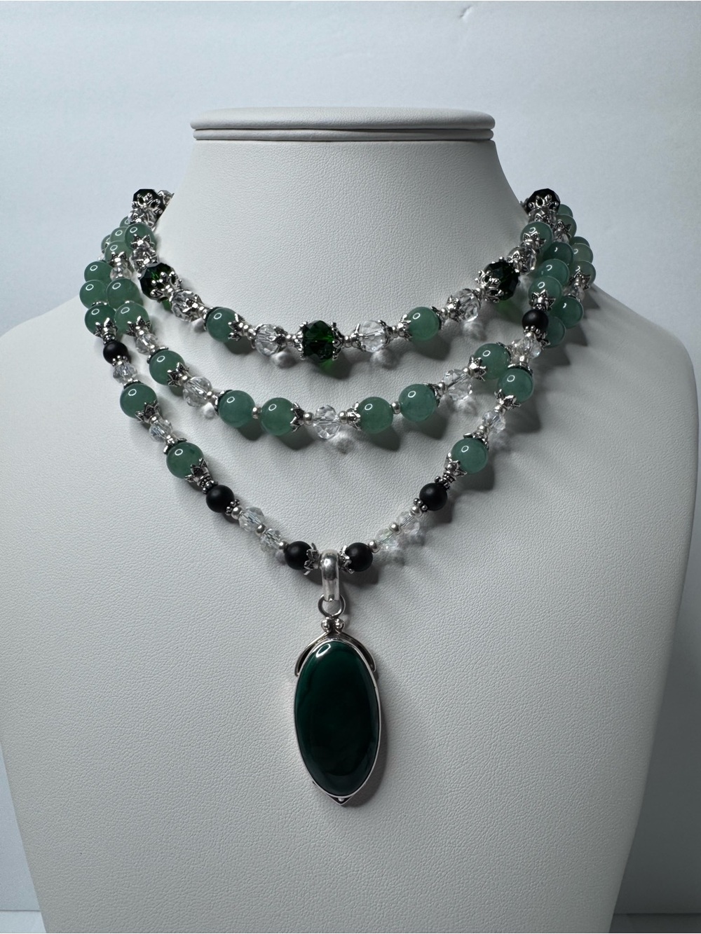 Green Beaded Multi-Strand Necklace with Dark Green Pendant
